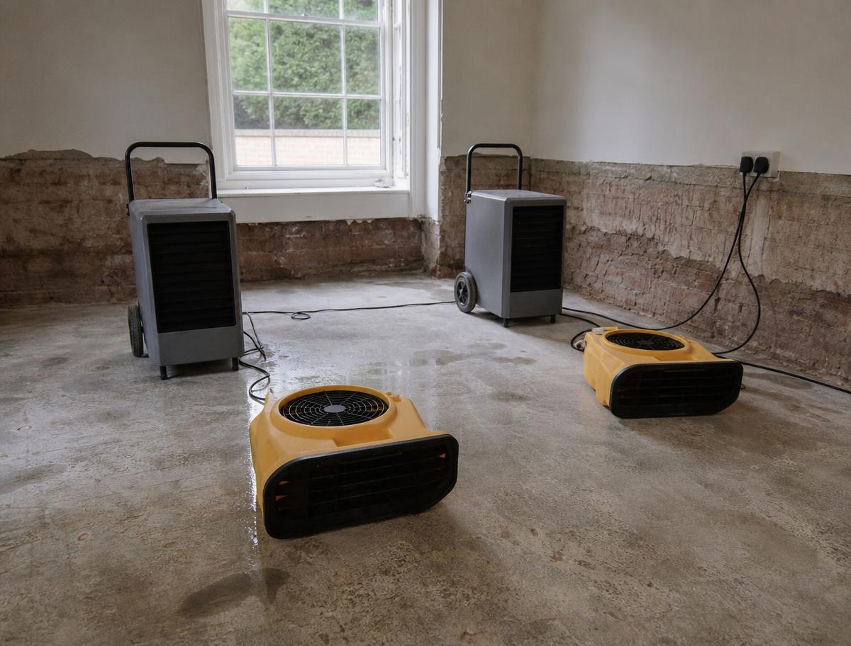 Industrial dehumidifiers and air movers drying a stripped-back room