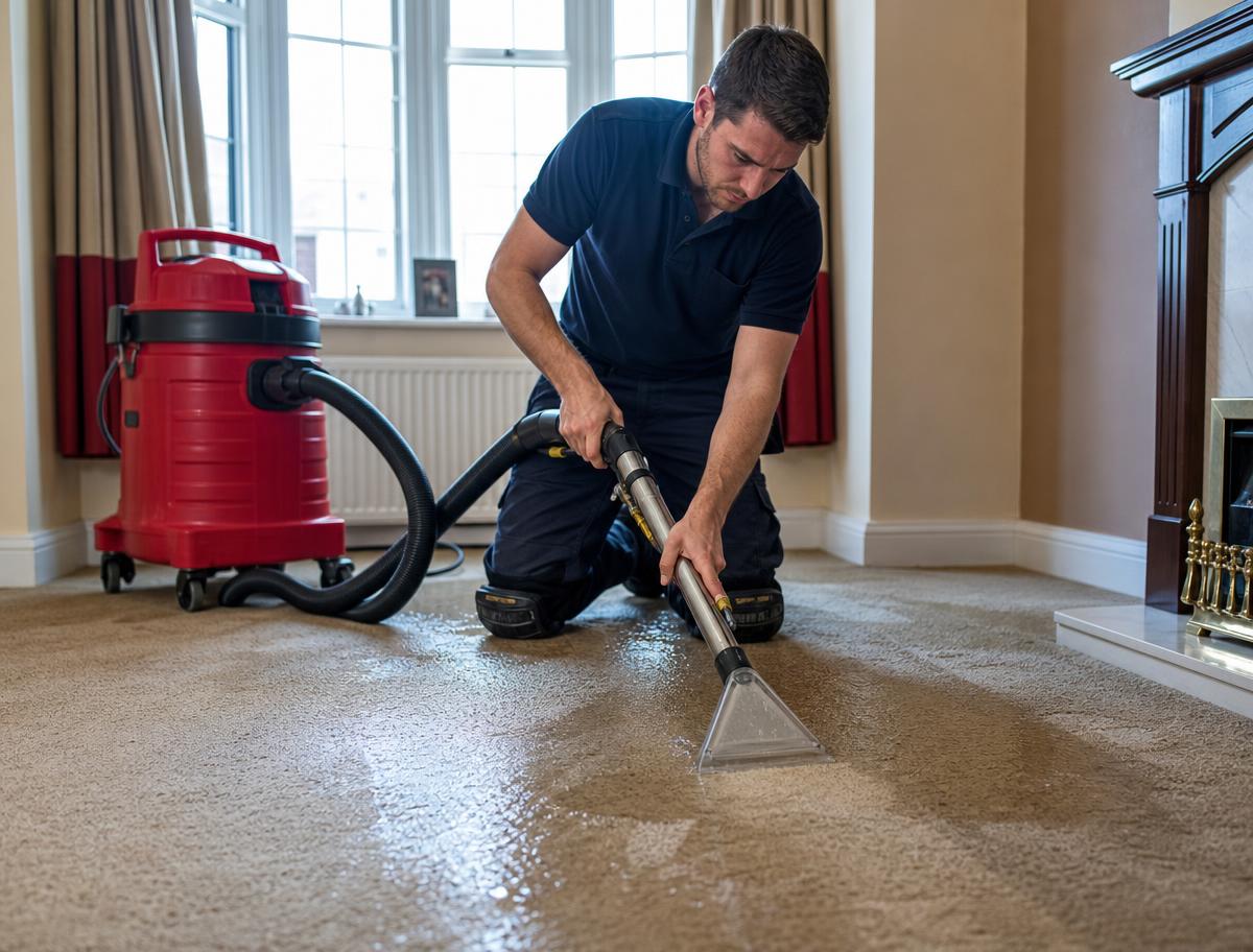 RapidDry technician extracting floodwater from a property in Neath
