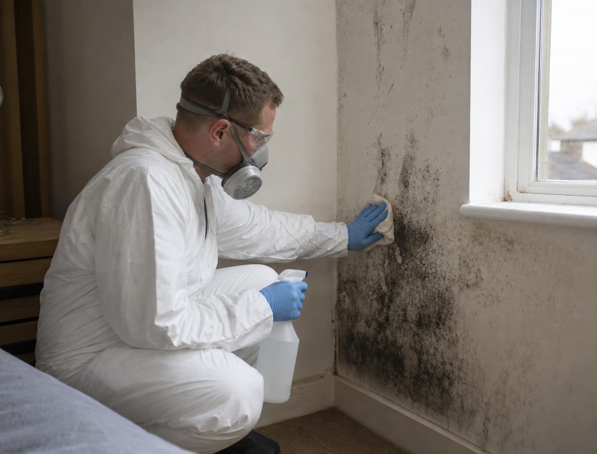 Mould remediation specialist in a respirator treating a damp wall